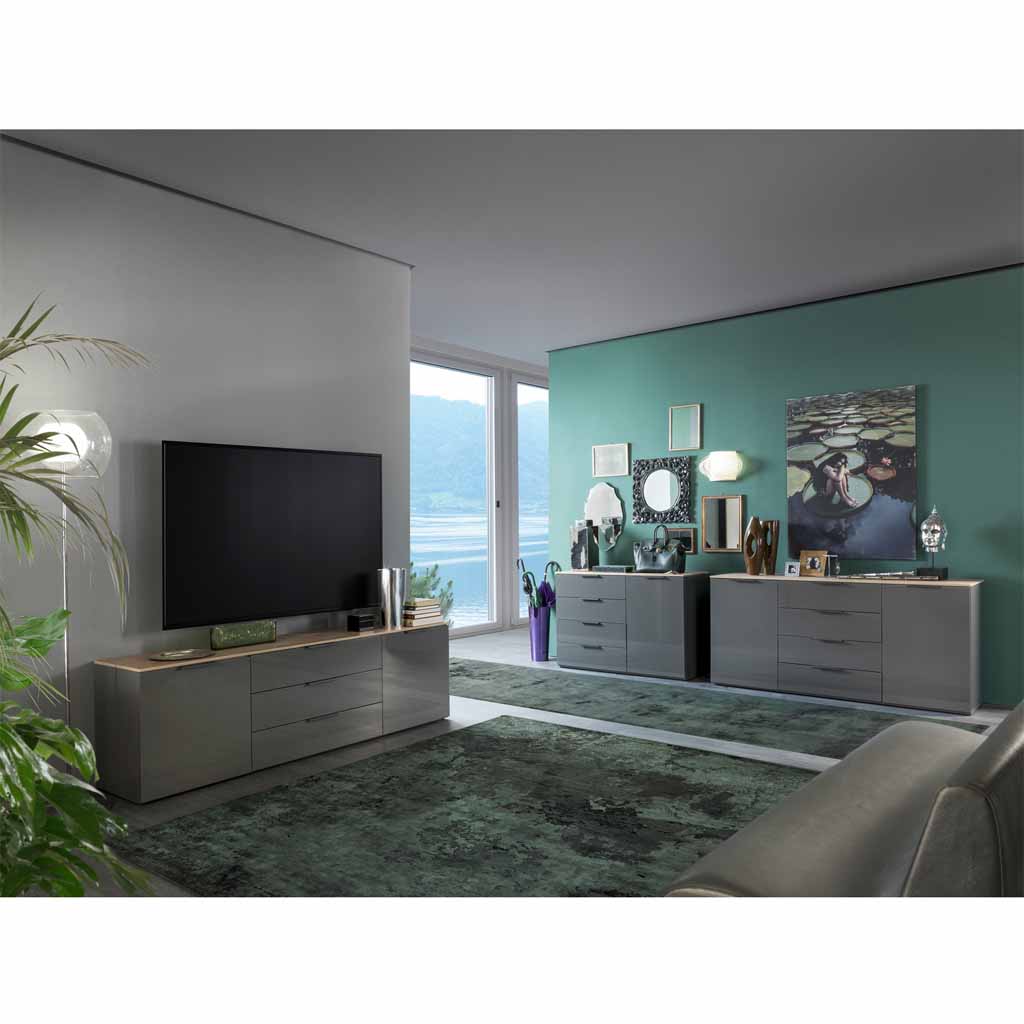Meuble TV 2 portes 3 tiroirs laqué gris H62xL200xP45cm ambiance