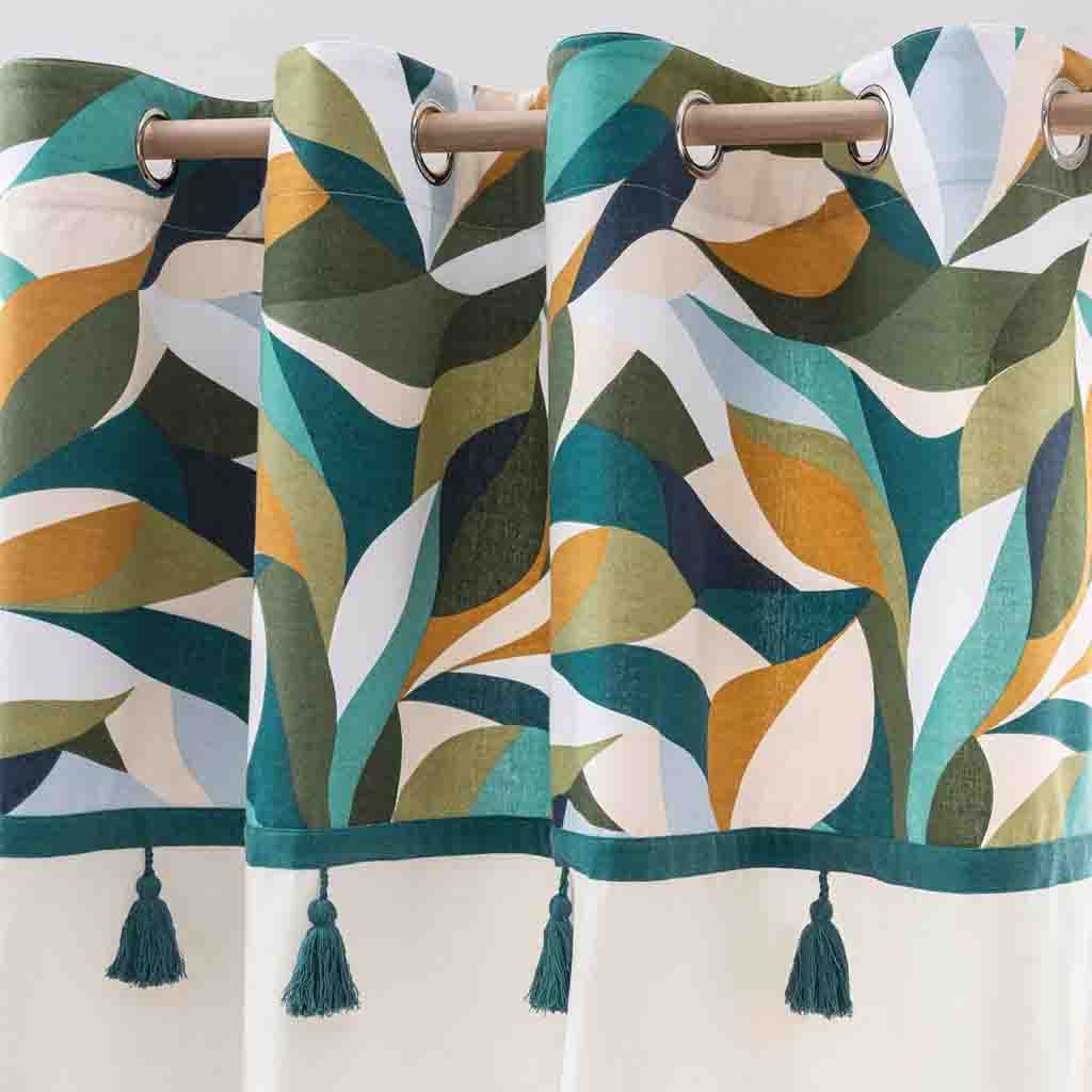 Rideau à oeillets 140x240cm polycoton uni+top imprimé pompons Swan-2