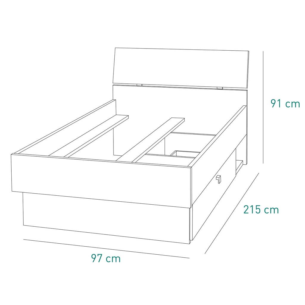 COM-LT5522K64904 Lit GLOBO 90x200 avec 1 tiroir laqué blanc - H91xL98xP215cm vue plan
