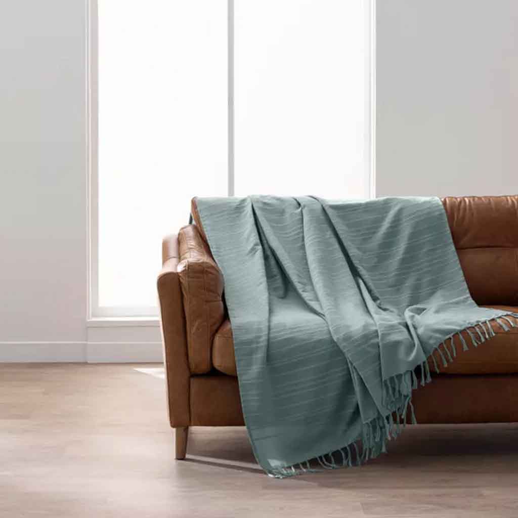 Plaids à frange 220x260cm coton uni+franges Lilia sauge