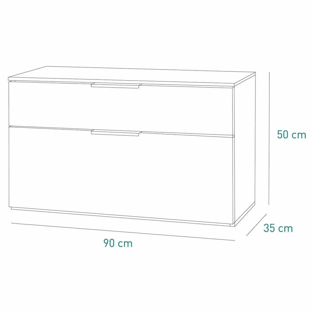 Meuble d'appoint GALAVERNA 2 tiroirs laque blanc avec top concrete H50xL90xP35cm vue plan