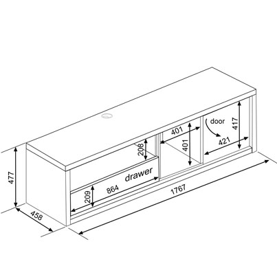 TRA-1473 Meuble TV petit cadre chene-ombre H48xL177xP46 vue plan2