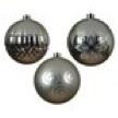 Boule mat, brillant, moulee flocon neige paillettes, rayures 3 assortis argent dia: 14 cm