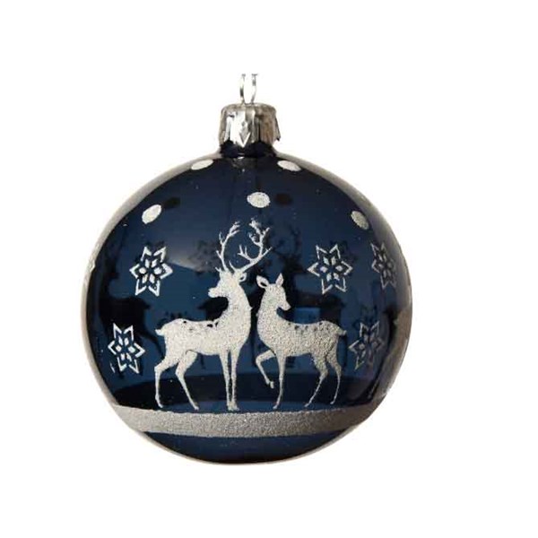Boule en verre renne a étoile Bleu nuit dia8cm