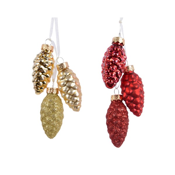 Grappe pomme de pin enverre 2colass rouge/or dia2,5*6cm