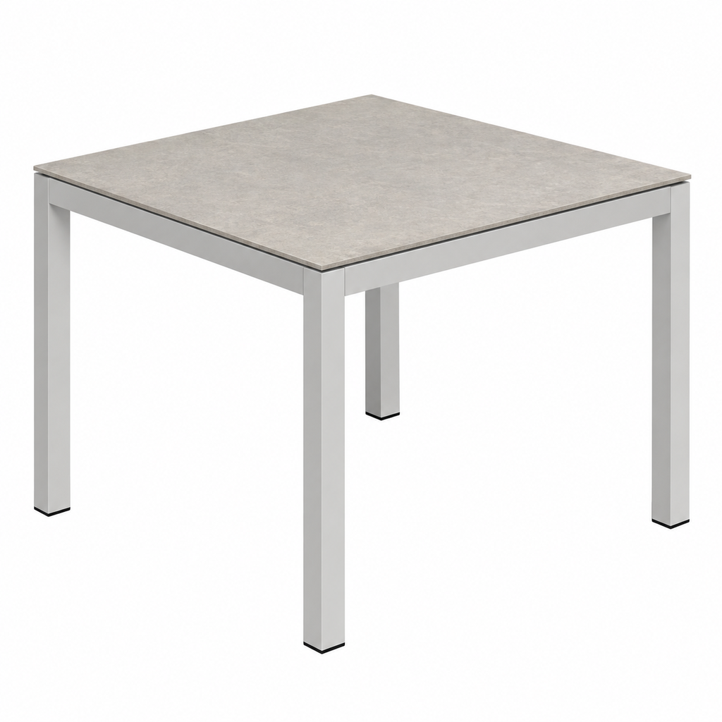 LISBON Table aluminium Blanc 90*90cm vitre 6mm Ceramic Fusion beton