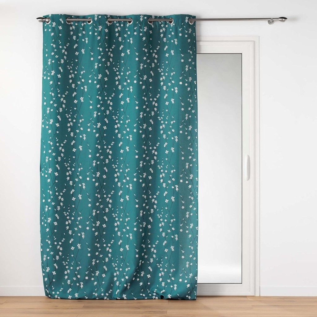 Rideau à oeillets 140x260cm polyester imprimé applique SAKURA Emeraude