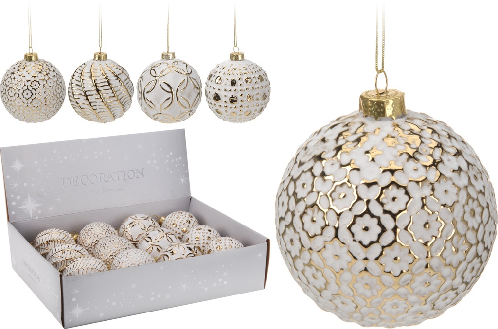 Boule de noel en verre dia:8cm Blanc/Or