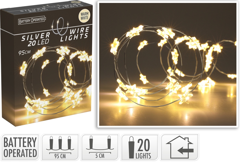 Guirlande fil argente etoile lumineuse 20led 95cm Blanc Chaud