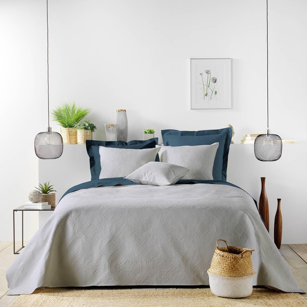 Couvre lit 2P 220x240cm + 2 housse de coussin 60x60cm microfibre unie romane gris 100% polyester