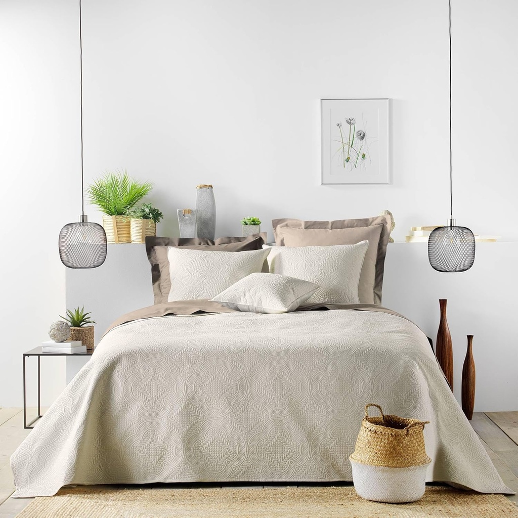 Couvre lit 2P matelasse 220x240cm + 2 housse de coussin 60x60cm microfibre unie ROMANE Naturel 100% polyester
