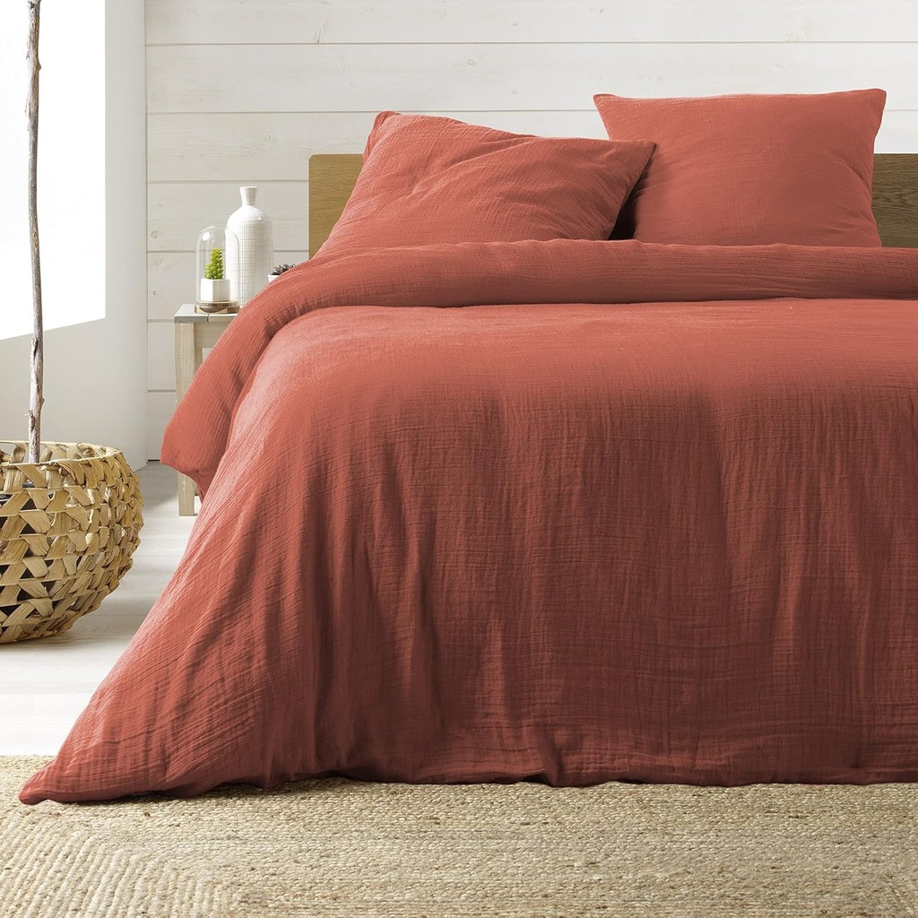 Parure 3P 240x220cm double gaze coton uni 57fils Angelia terracotta