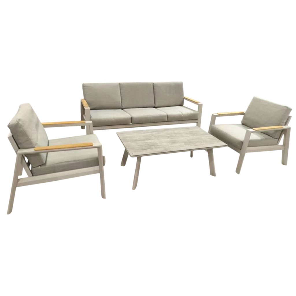 Salon extérieur en aluminium Beige coussin Beige composé d'un sofa 3 places 76,5*203*90,5  2 fauteuils 76,5*77*90 et 1 table basse 44*120*70