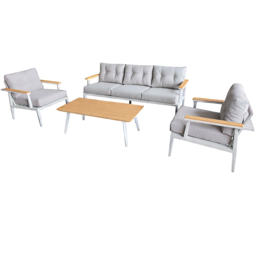 Salon extérieur en aluminium Beige coussin Beige composé d'un sofa 3 places 72*201*82  2 fauteuils 72*77*82 et 1 table basse 37*110*60