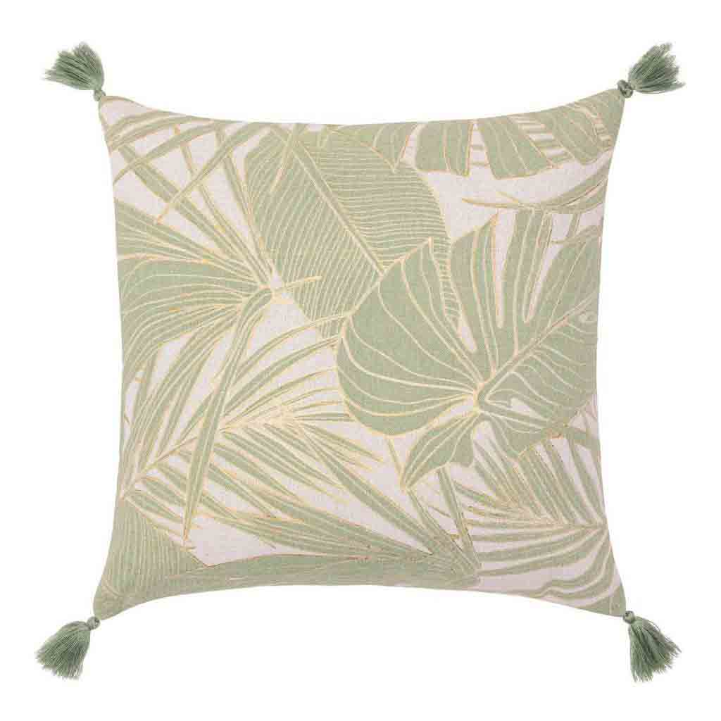 Coussin déhoussable compresse pompons 45x45cm polycoton imprime metallise Alanis