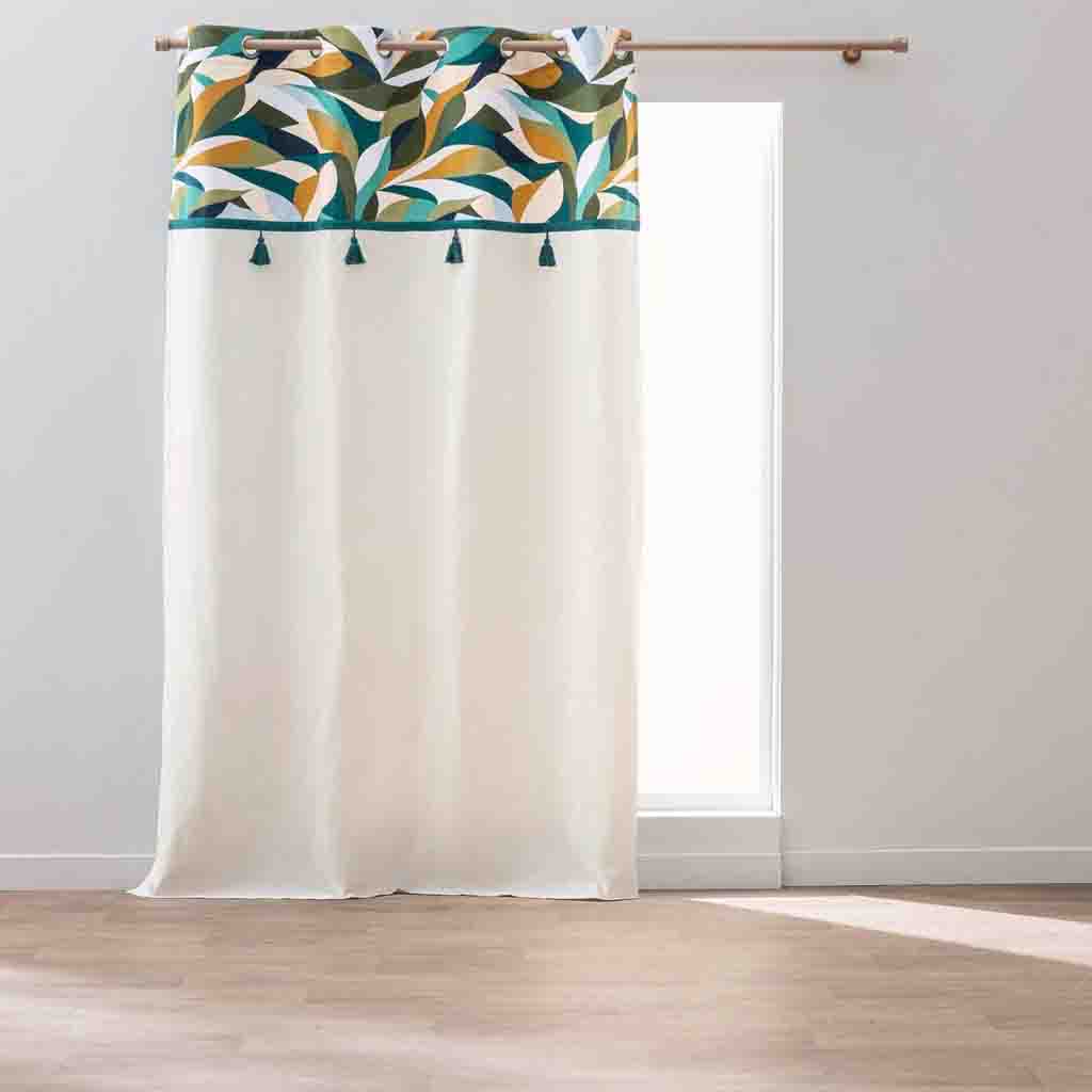 Rideau à oeillets 140x240cm polycoton uni+top imprimé pompons Swan