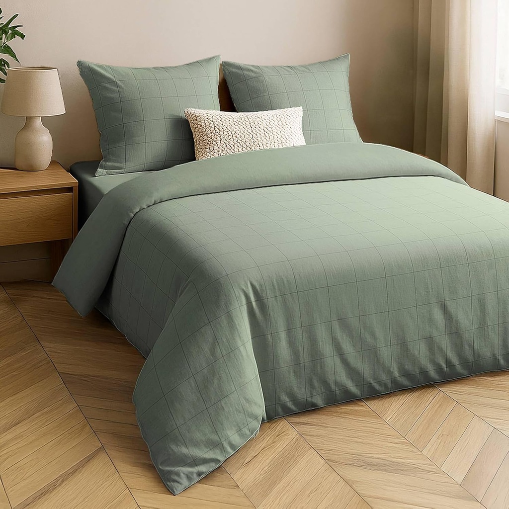 Parure 3P 240x220cm coton/polyester lave Jacques 57 fils Linella sauge