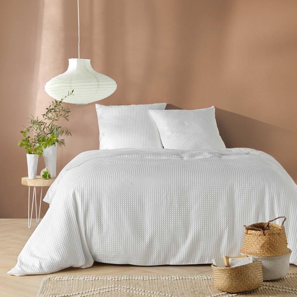 Parure 3P 220x240cm microfibre unie Gaufree Abelia blanc