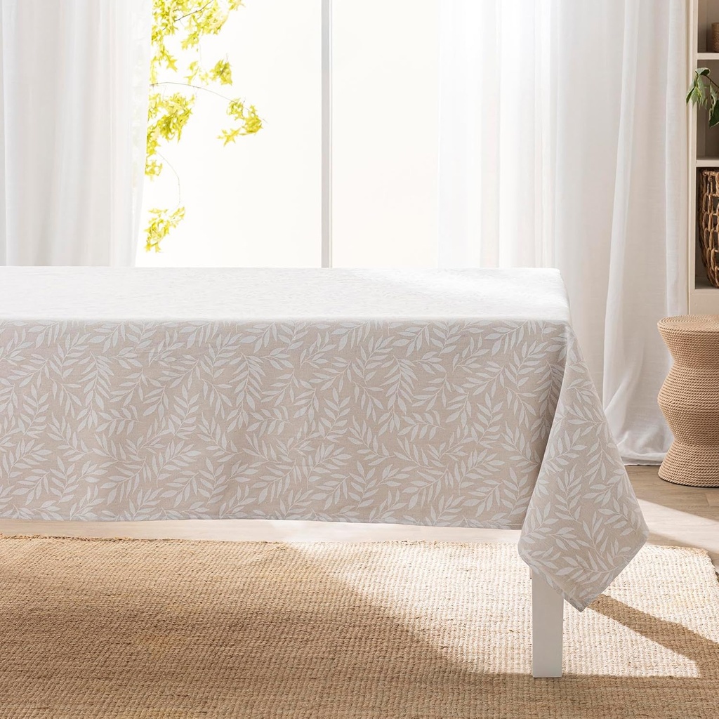 Nappe rectangle 140x240cm polycoton imprime effet lin Naya naturel