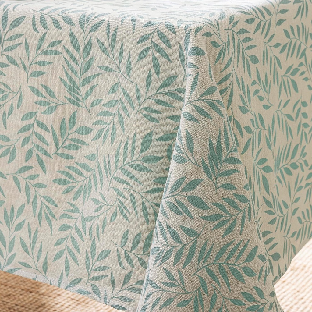Nappe rectangle 140x240cm polycoton imprime effet lin Naya naturel sauge