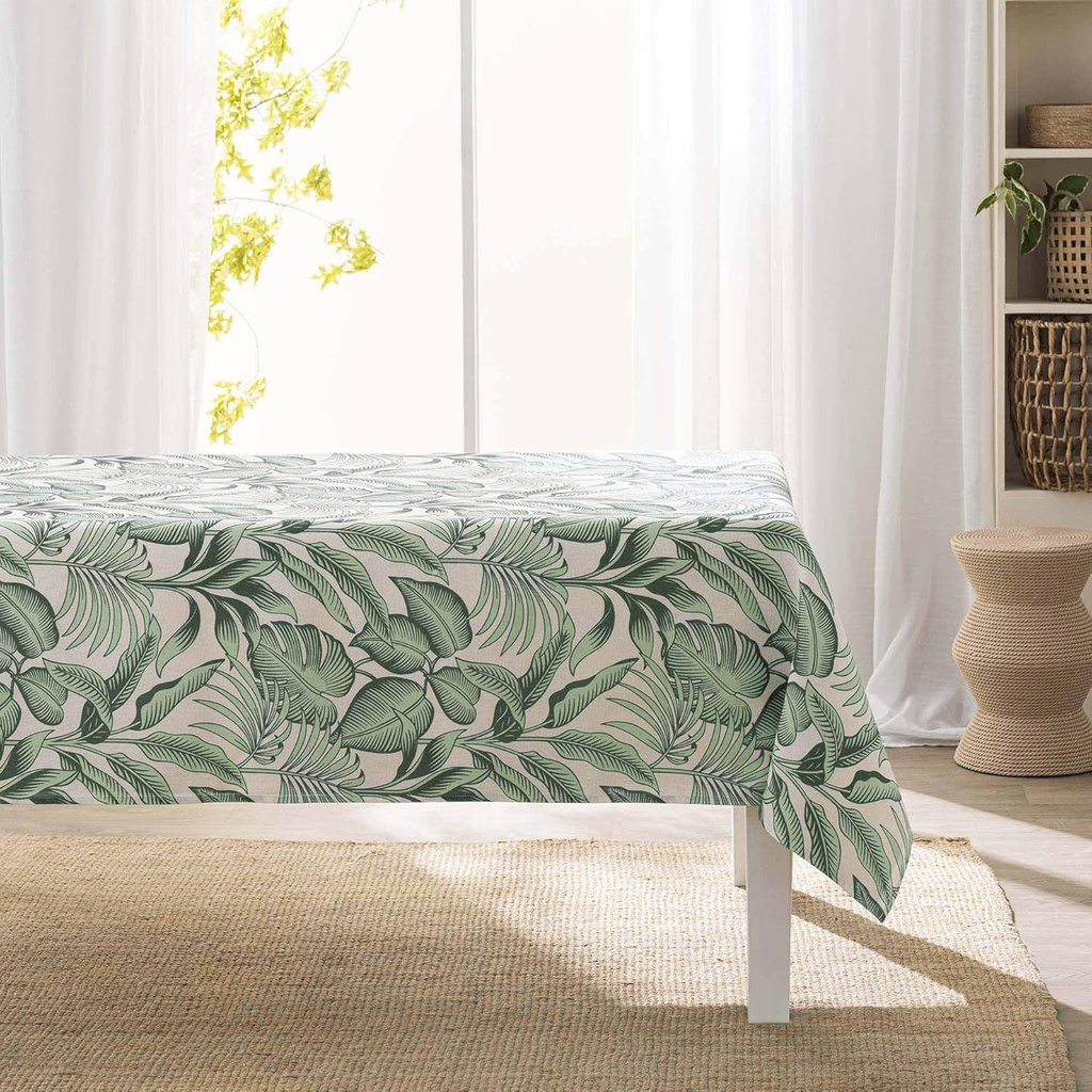 Nappe rectangle 140x240cm polycoton imprime effet lin Stylis sauge
