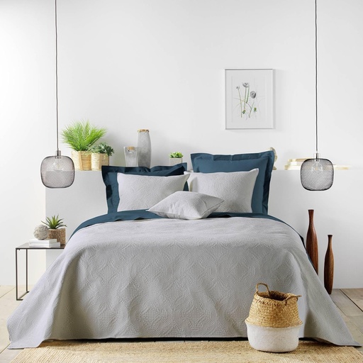 [L3C-1644868] Couvre lit 2P matelasse 220x240cm + 2 housse de coussin 60x60cm microfibre unie ROMANE Gris 100% polyester