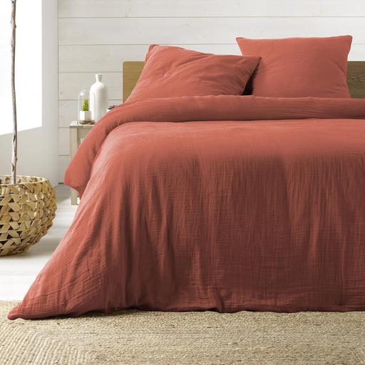 [L3C-1643825] Parure 3P 240x220cm double gaze coton uni 57fils Angelia terracotta